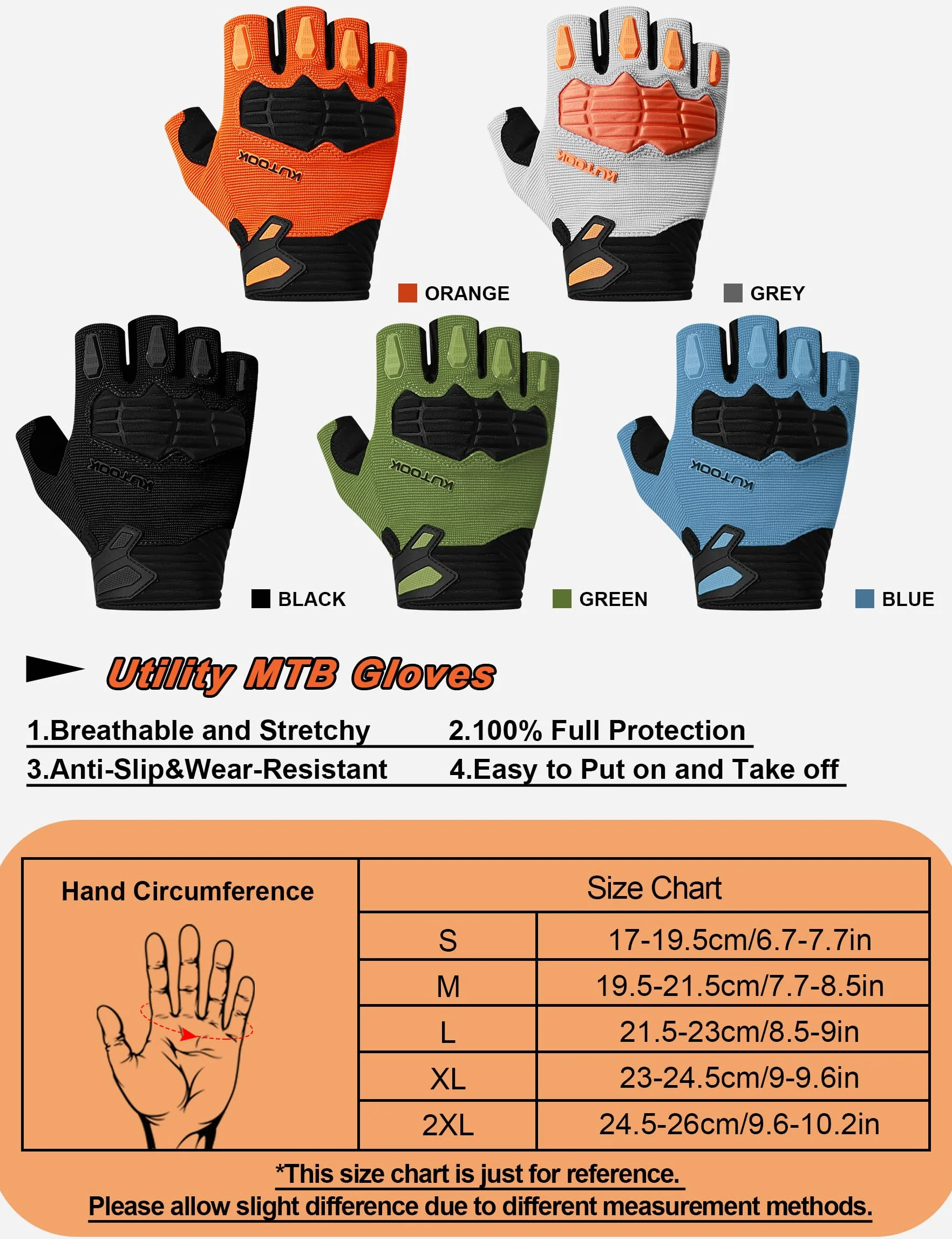 KUTOOK Gants de Cyclisme pour Hommes VTT à Demi-Doigts avec Protection du Poignet d'été Contre Les Chocs