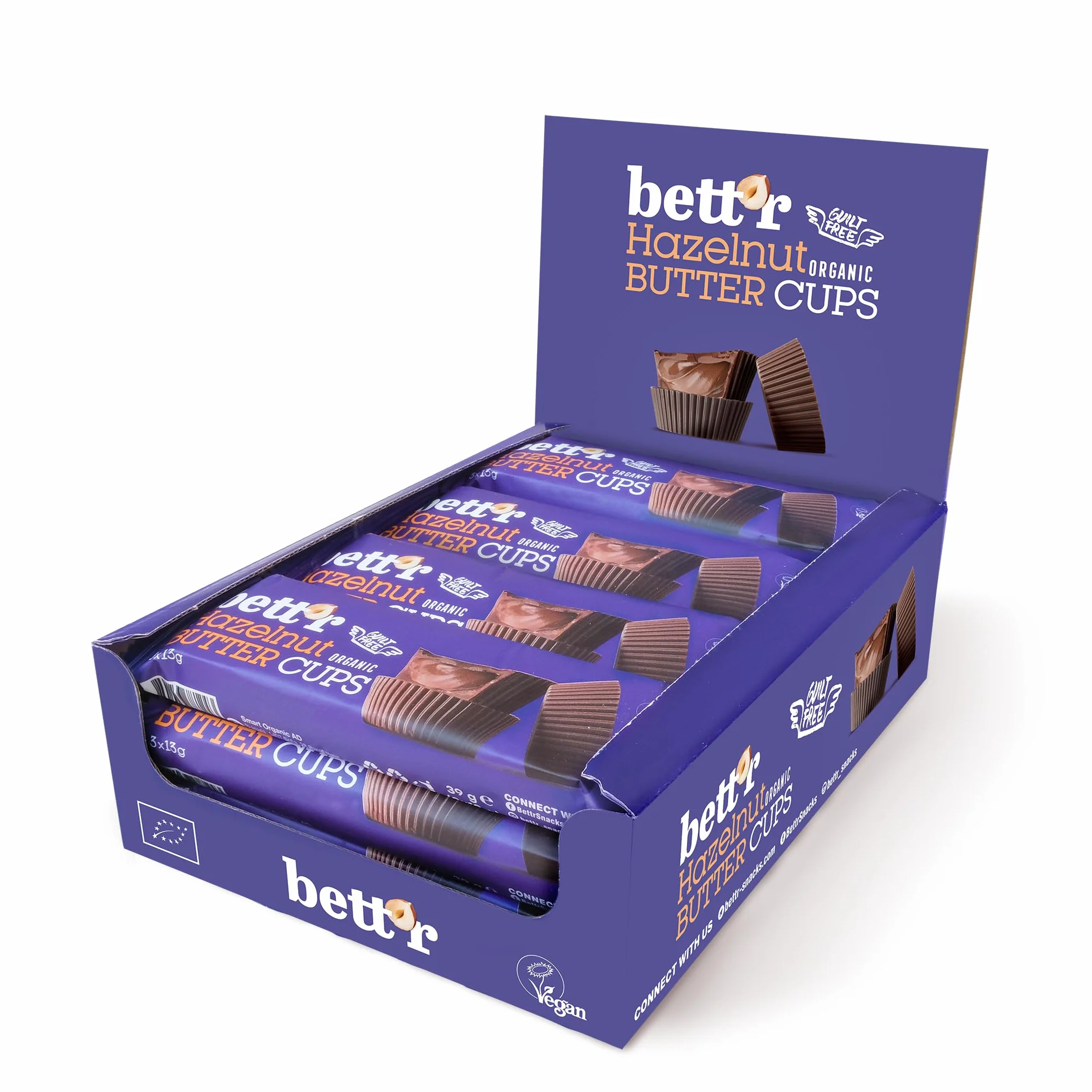 Bett’r GUILT FREE Bio Hazelnut butter cups. 100% Vegan, Gluten free and Lactose free - 12 x 39 g