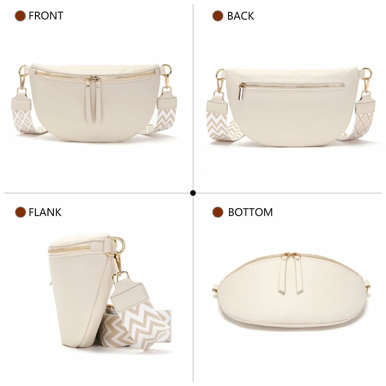 Sac Banane Femme Grand Sac Bandoulière Cuir Vegan 30x20cm Blanc Beige