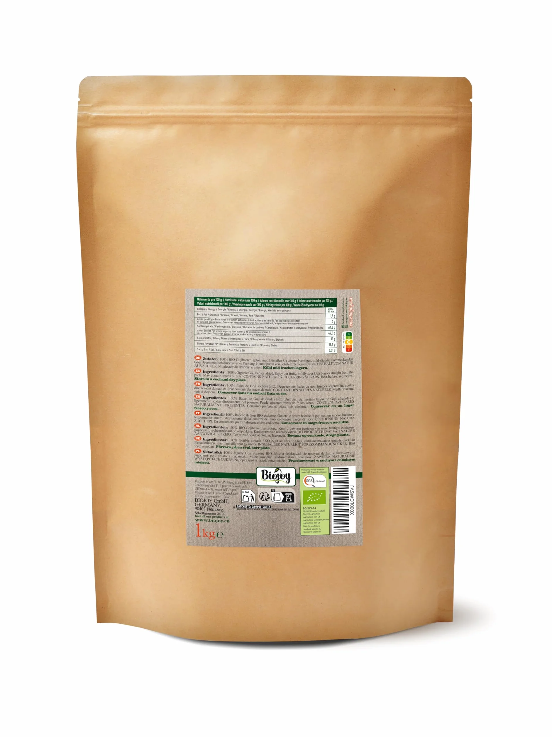 Biojoy Baies de Goji BIO supérieures (1 kg), séchées et entières, sans sucre ajouté