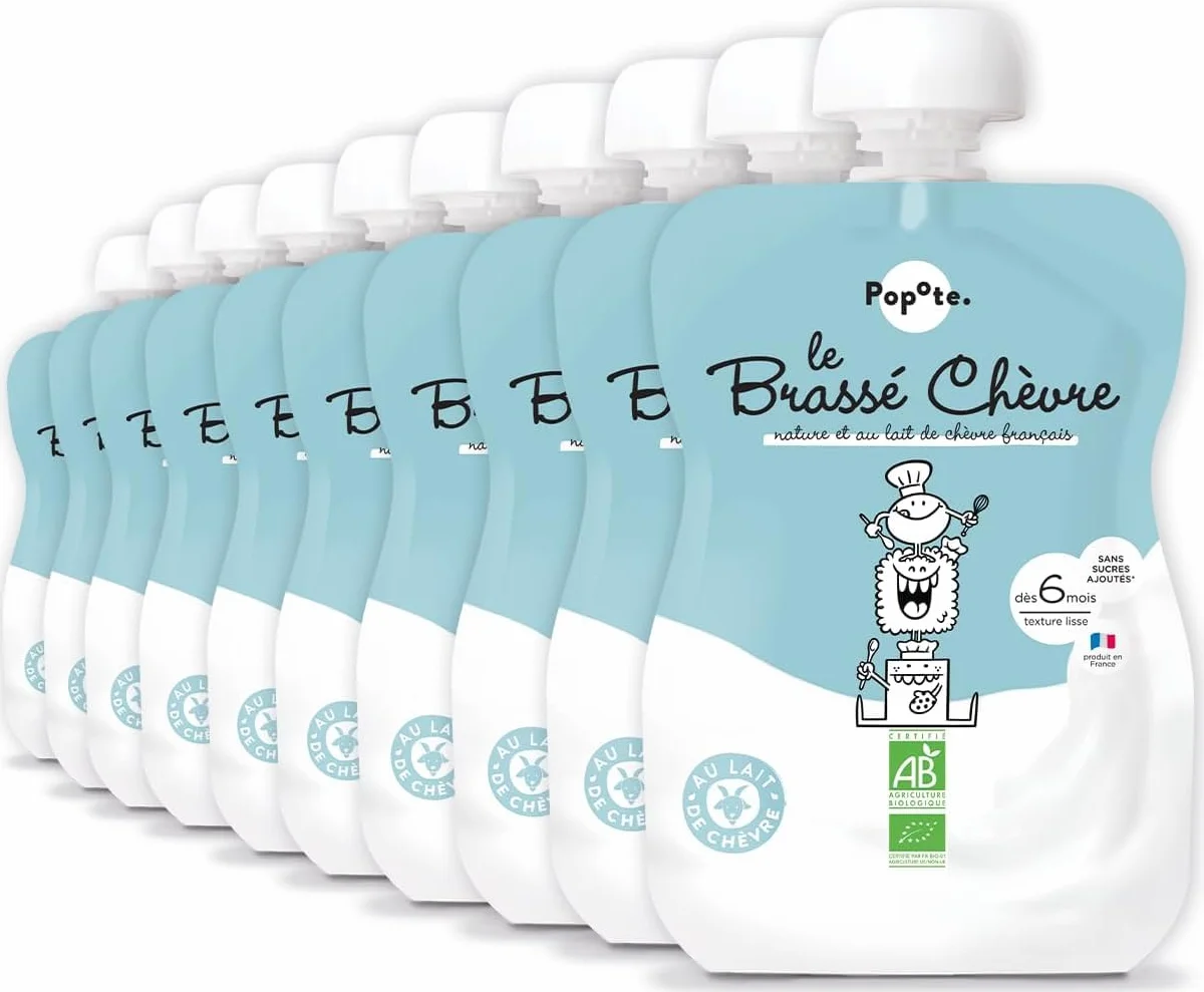POPOTE - Brassé Chèvre Bio Bébé 100 g - Dès 6 Mois - Gourde Individuelle - Yaourt à Boire Texture Onctueuse - Source En Calcium, Sans Sucre ajoutés - Format Pratique à Emporter - Pack Familial 10x100g