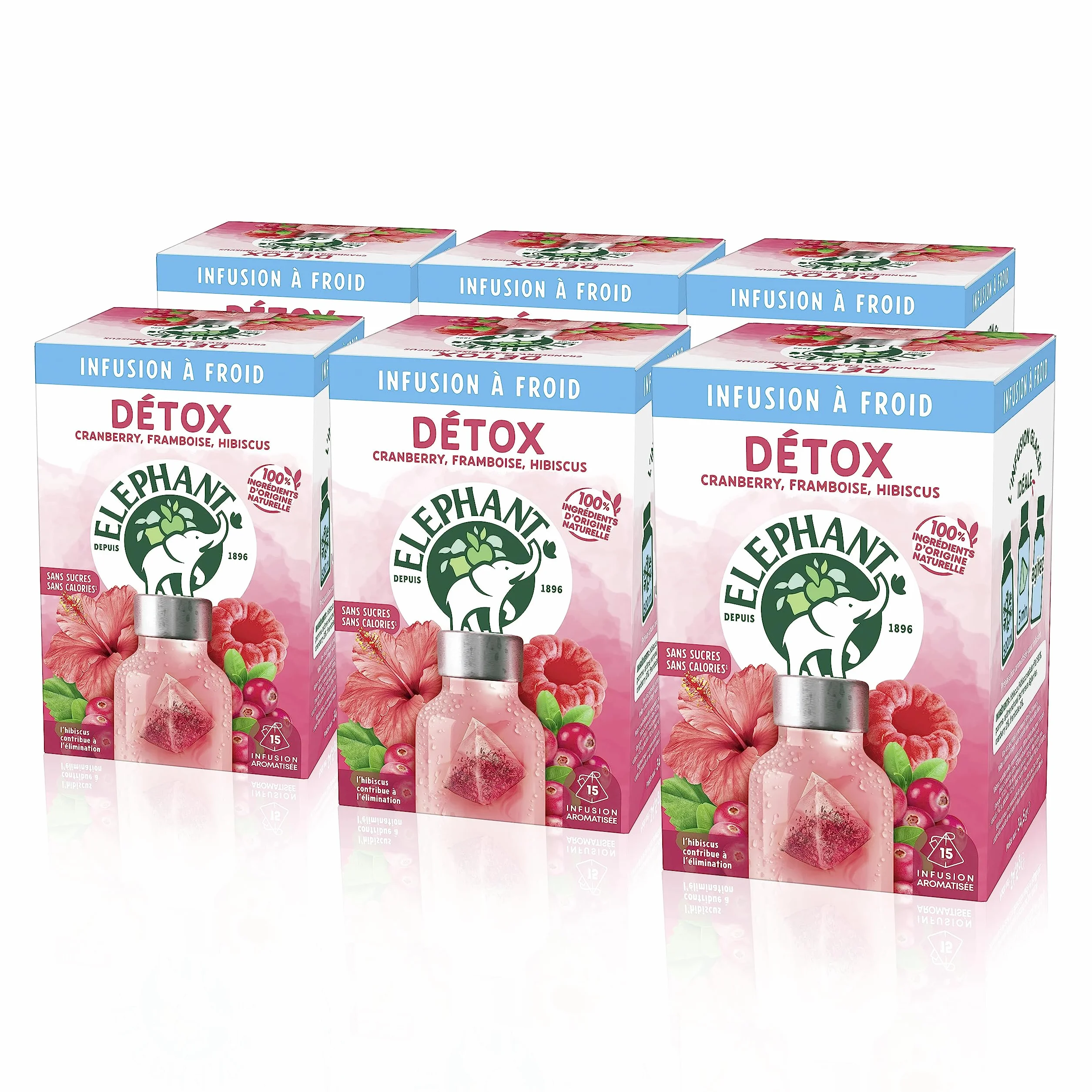 Elephant Infusion à Froid Detox, Eau Froide Aromatisée, Parfums Naturels Cranberry Framboise Hibiscus, Lot de 6 x 15 Sachets Individuels, 90 Sachets Pyramid
