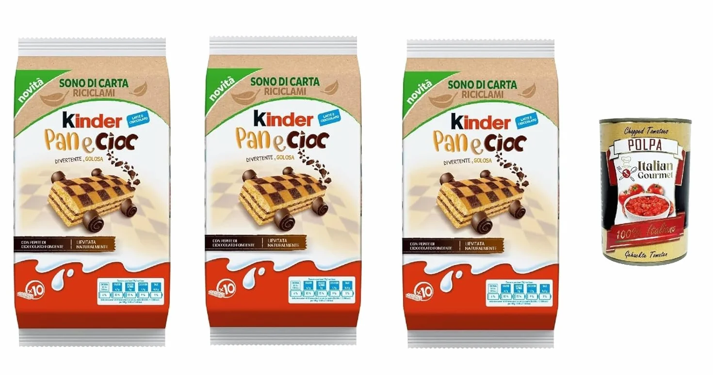 Italian Gourmet Lot 3x Kinder Pan e Cioc Gaufrettes Cacao & Noisette 270 g (Pack Économique) Snack Goûter Petit-déjeuner Style Italien + Italian Gourmet Polpa