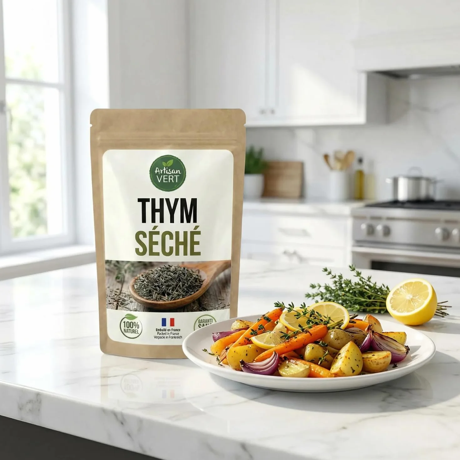 Thym séché entier - 100g Plante thym séché, arômate - idéal pour Infusions, Plats, Vinaigrettes, Desserts, Marinades viande