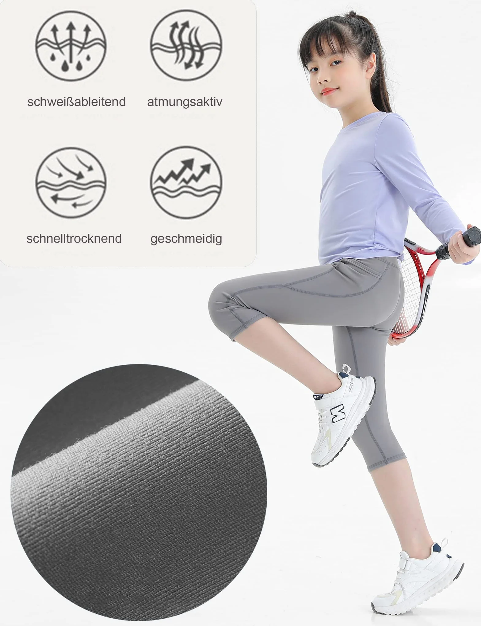 Kiench Leggings de Sport 3/4 Fille Capri Pantalon Yoga Gymnastique avec Poche Lot de 2