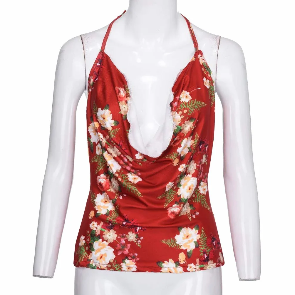 DEELIN Femmes Camisole Col en V Halter Dos Nu Imprimé Floral sans Manches