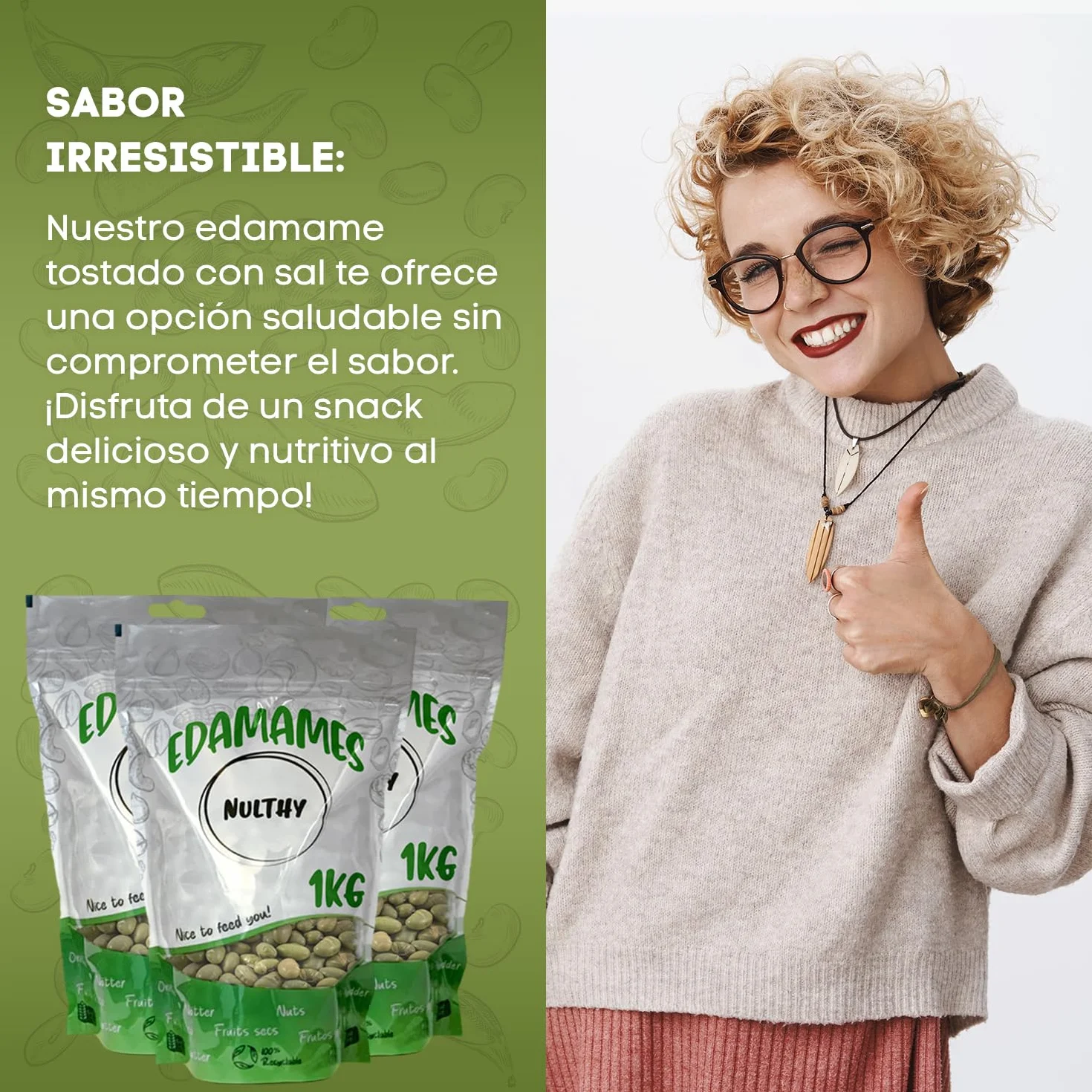 NULTHY - 1Kg Edamame Tostado - Feves Grillées, Salées, Snack Sain et Riche en Protéines, Edamame Croquant, Graine de Soja, Fèves, Idéal pour Collations & Apéritifs, Faible en Calories