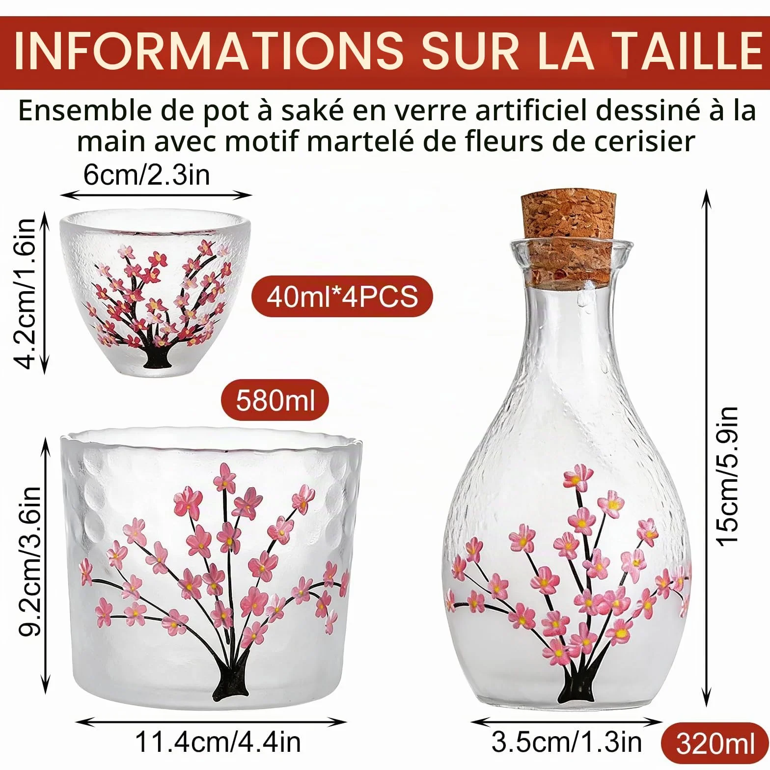 Nimblyne Lot de 6 sakés japonais : 1 bouteille de saké, 1 récipient à saké et 4 gobelets à saké en verre fait à la main avec des fleurs de cerisier rose