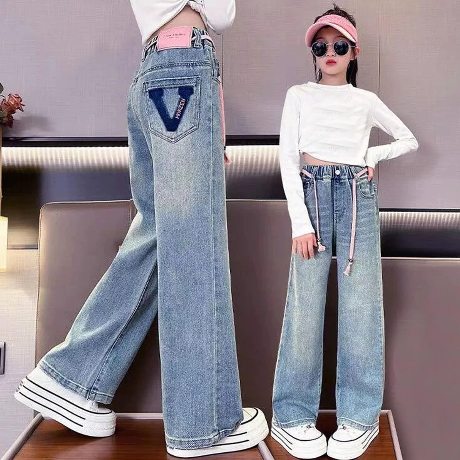 Jean pour fille Coupe droite Taille élastique Confortable Printemps été