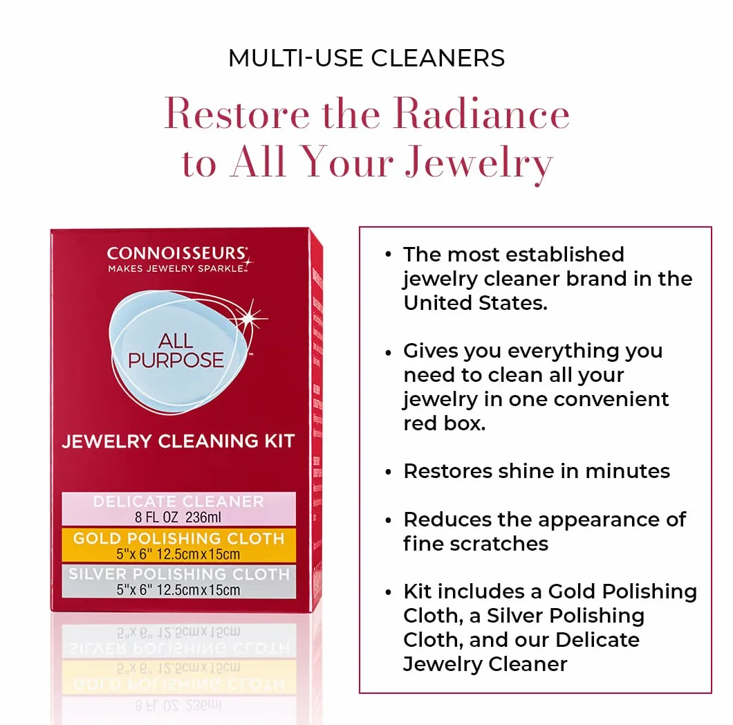 Connoisseurs Kit de Nettoyage de Bijoux avec Chiffon de Polissage et Solution Liquide pour Or, Argent et Pierres Précieuses