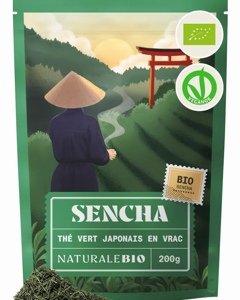 NaturaleBio Thé vert Sencha Japonais Bio - Upper grade - de 200g. Bio, Naturel et Pur, Thé vert en vrac de première récolte cultivée au Japon. Organic Japanese Sencha Green Tea.