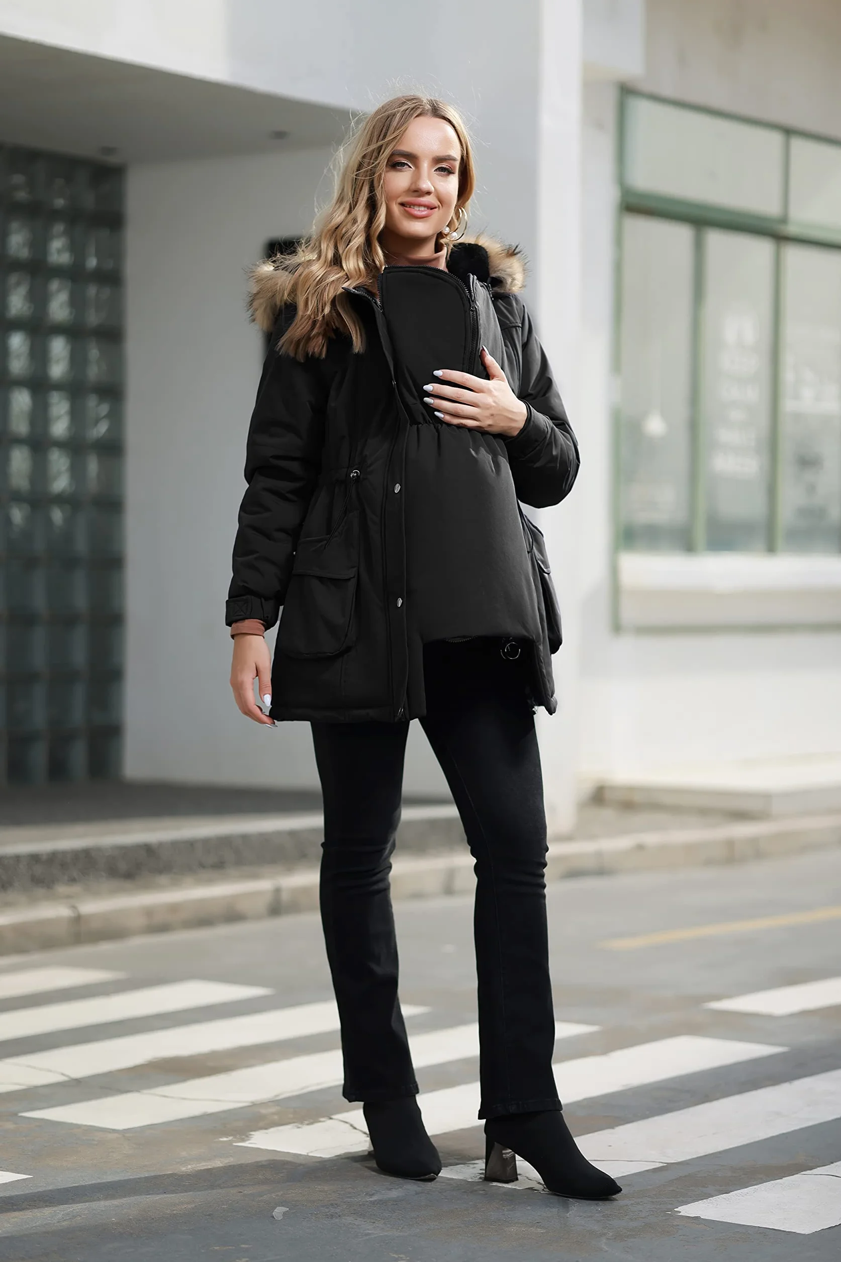 Manteau de maternité 3 en 1 pour femme, doublé en polaire, chaud à capuche