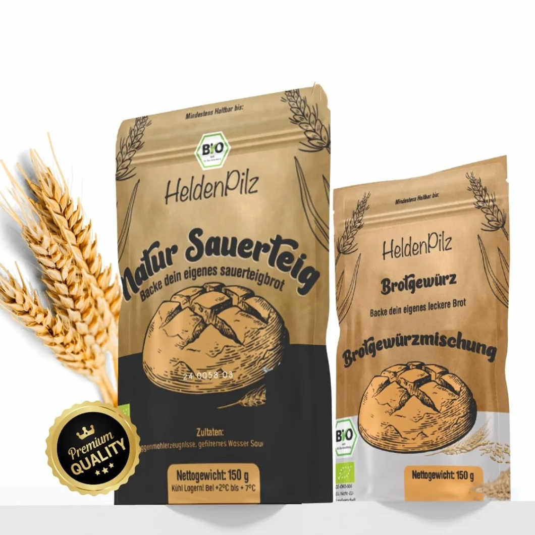HeldenPilz® Kit de démarrage au levain - Levain bio pour démarrer et fabriquer du pain au levain - Levain d'épeautre, levain de seigle et levain de blé (Lievito Madre) - Culture de démarrage pour la