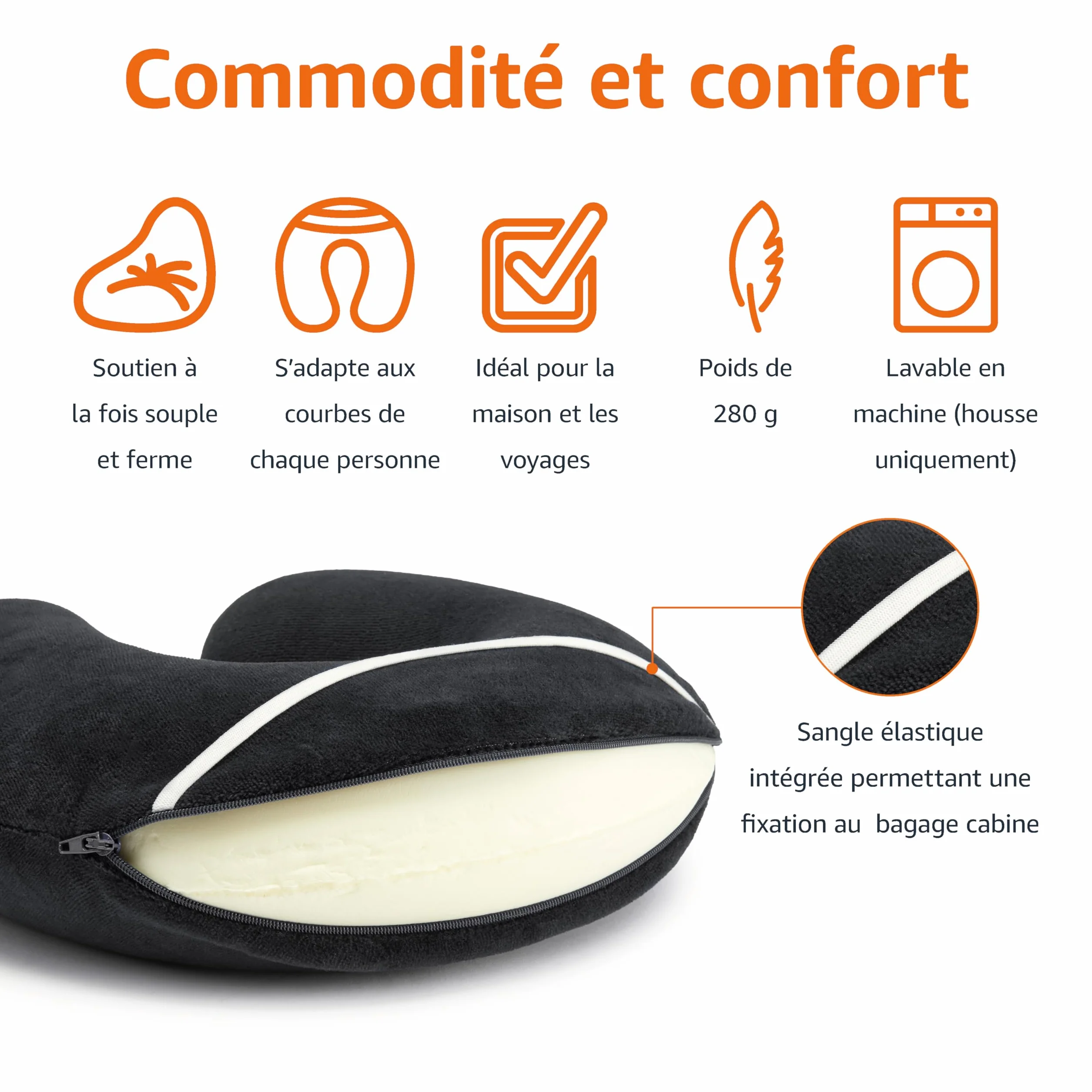 Amazon Basics Semi-circulaire Coussin tour de cou en mousse à mémoire de forme, Noir