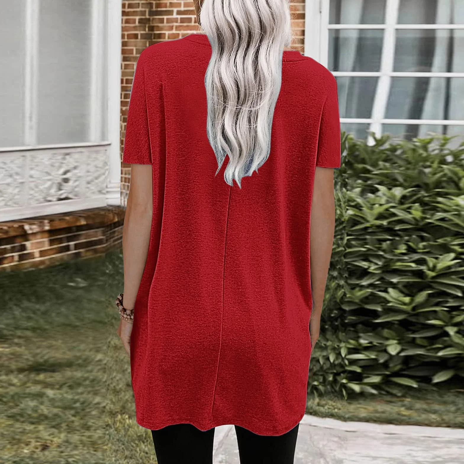 T-shirt long décontracté pour femme manches courtes été surdimensionné col rond poches couleur unie ample tunique basique