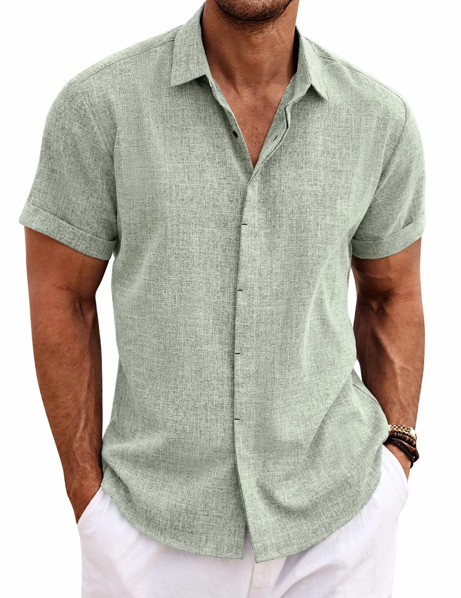 COOFANDY Chemise en Lin pour Hommes Manches Courtes Boutonnée Coupe régulière Chemise d'été de Plage