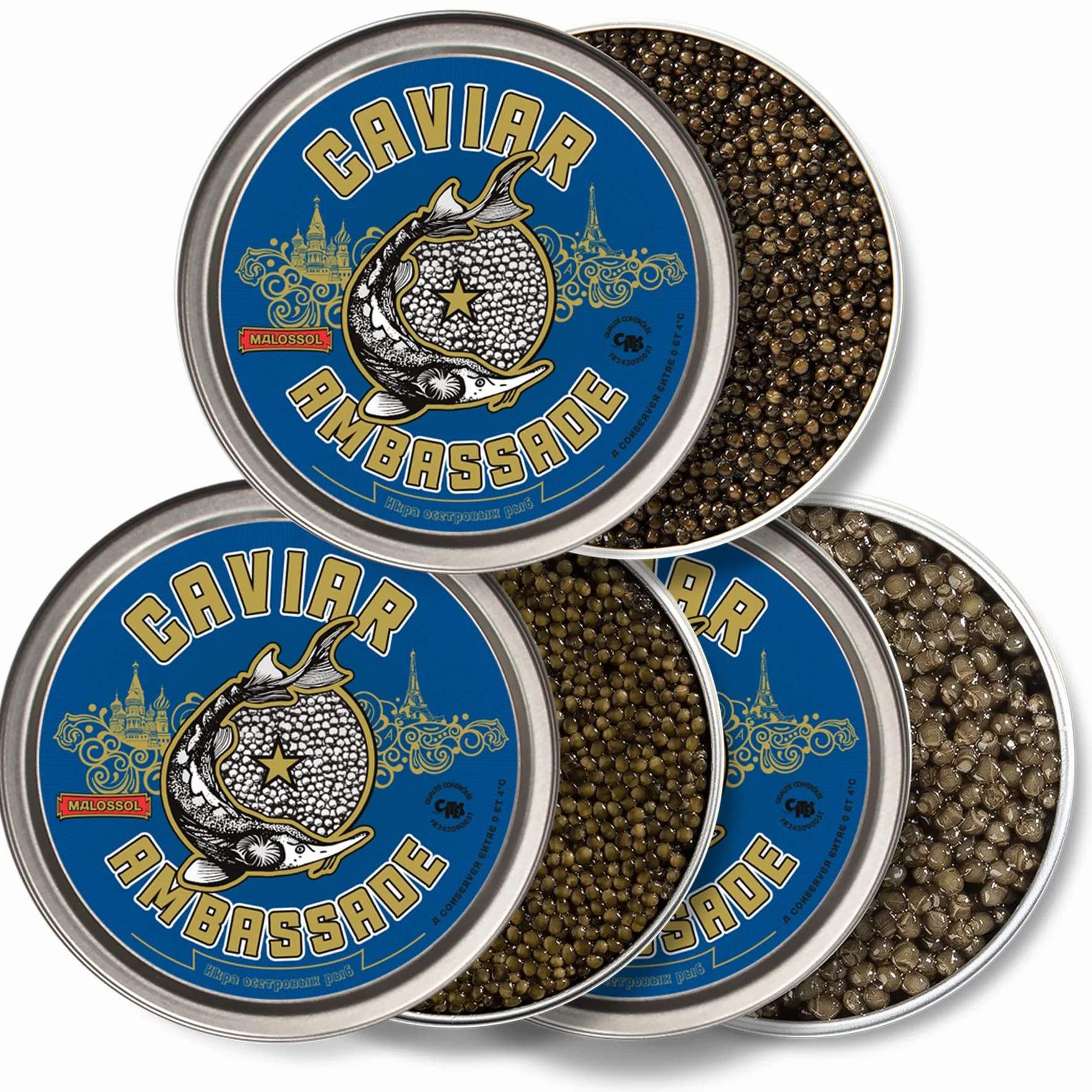 Lot de 3 boîtes de Caviar 100g - Caviar Baeri Français + Caviar Beluga Bulgare + Caviar Osciètre Français - 3 X 100g - Livraison réfrigérée - CAVIAR AMBASSADE