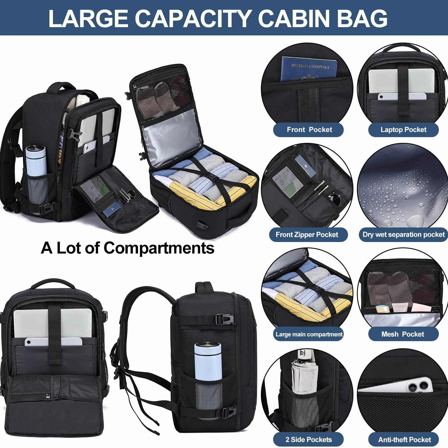 Sac à Dos 40x30x20 Cabine Avion 24L Pour Ryanair Wizzair Eurowings avec Port USB Ordinateur Portable 14 Pouces Noir