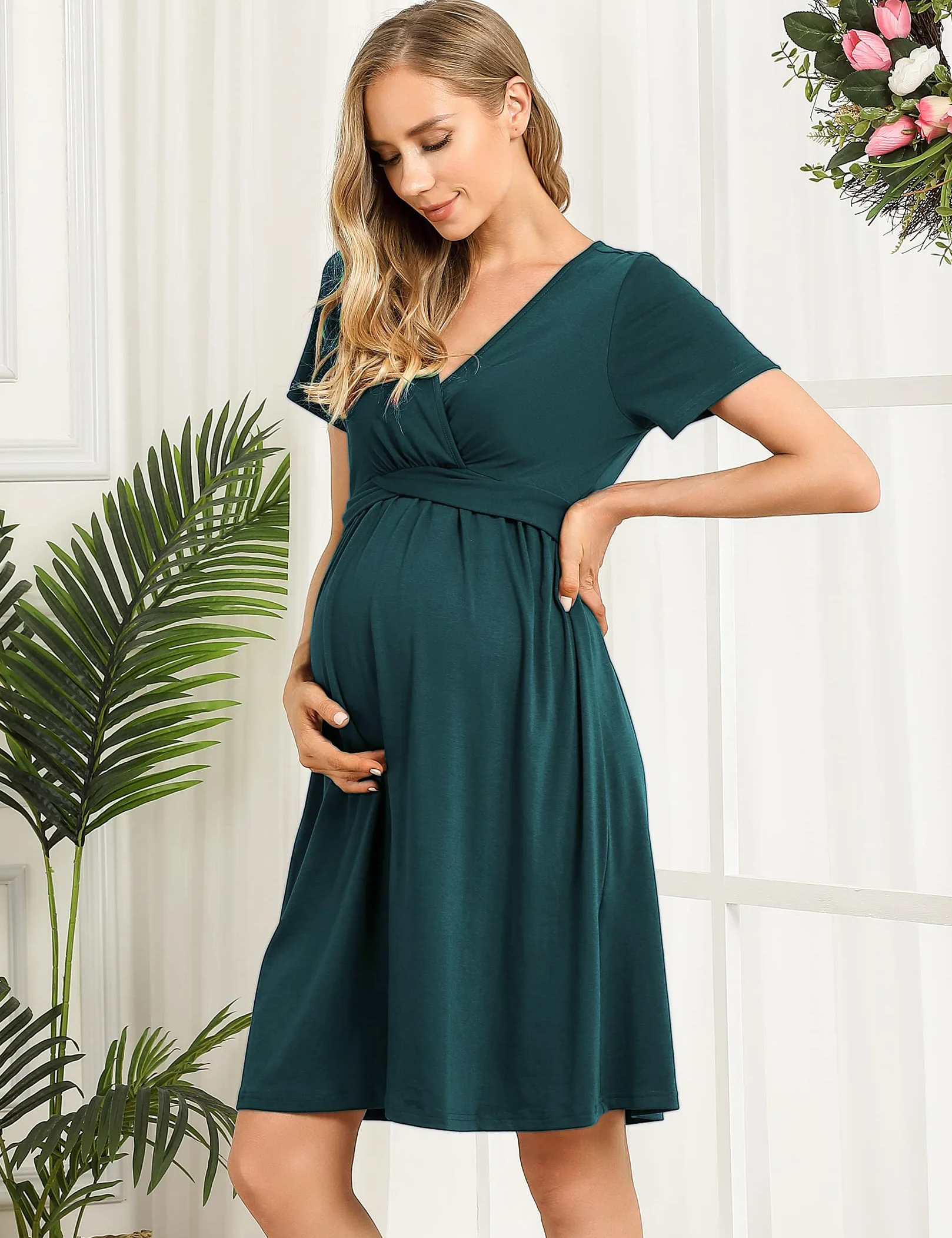 KOJOOIN Robe de maternité col V plissée décontractée