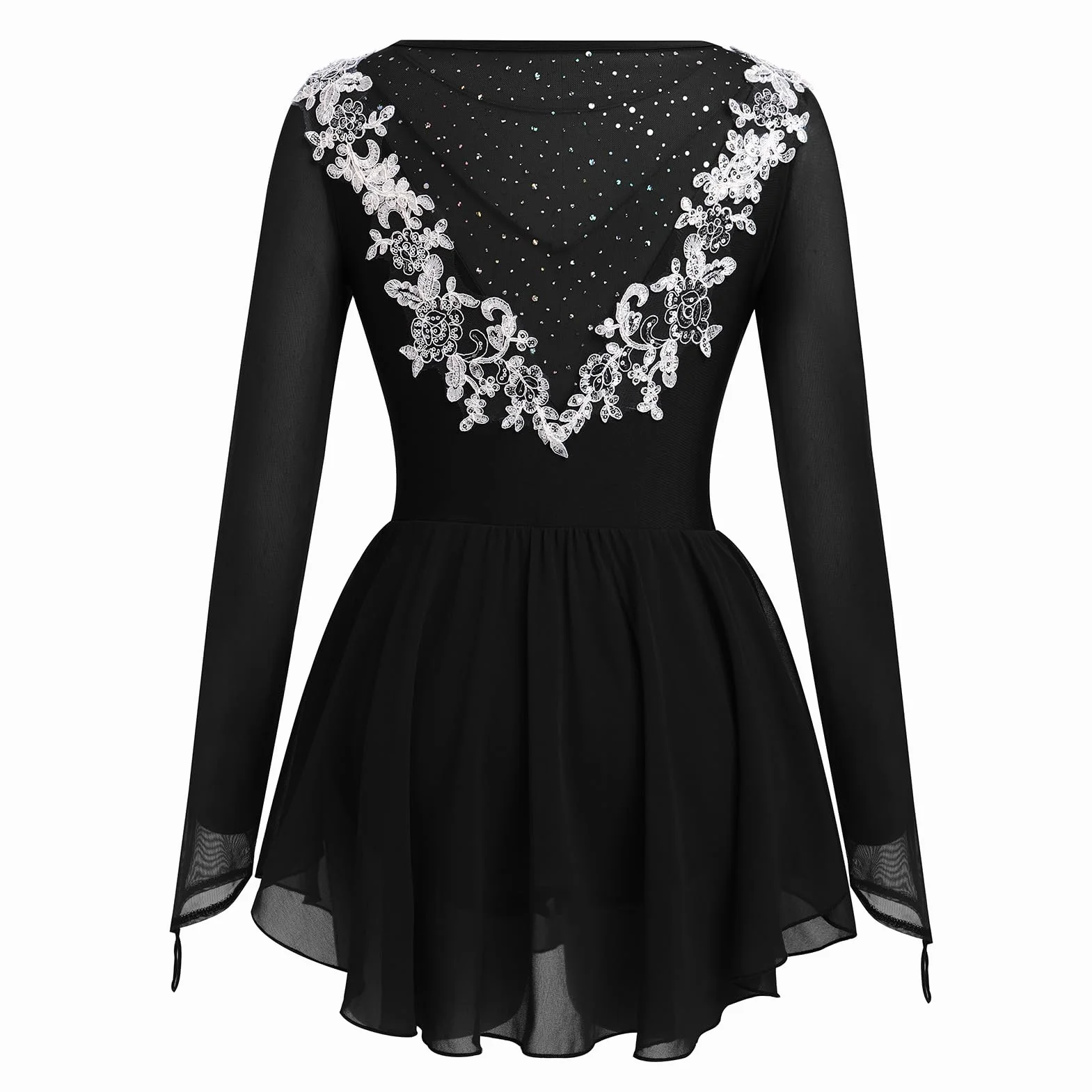 FYMNSI Robe de danse pour femme patinage artistique manches longues strass fleurs jupe mousseline soie justaucorps