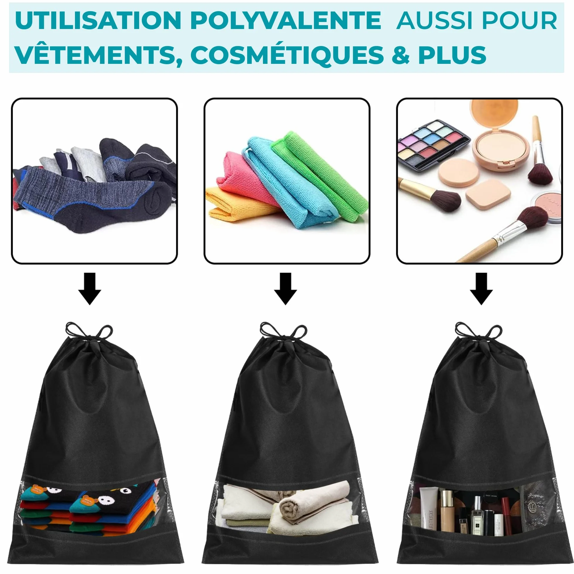 Sacs à Chaussures de Voyage Étanches, Grand Organisateur de Rangement avec Cordon de Serrage et Fente Transparente, 10 Pièces, Noir