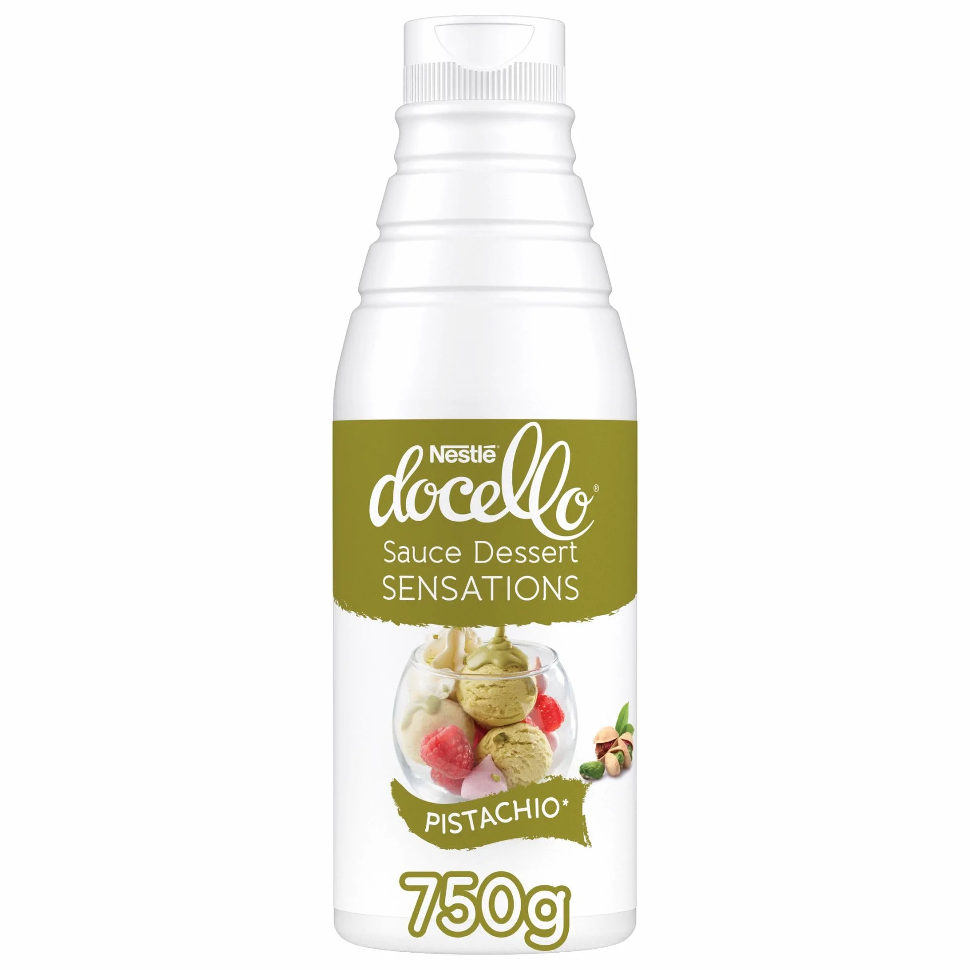 NESTLE DOCELLO Sauce Sensation Pistachio - Sauce Dessert Pistache - Forte Teneur en Pistache (12%) - Aide à la Pâtisserie, Topping, Nappage Gâteau, Coulis - Bouteille Squeeze - 750g