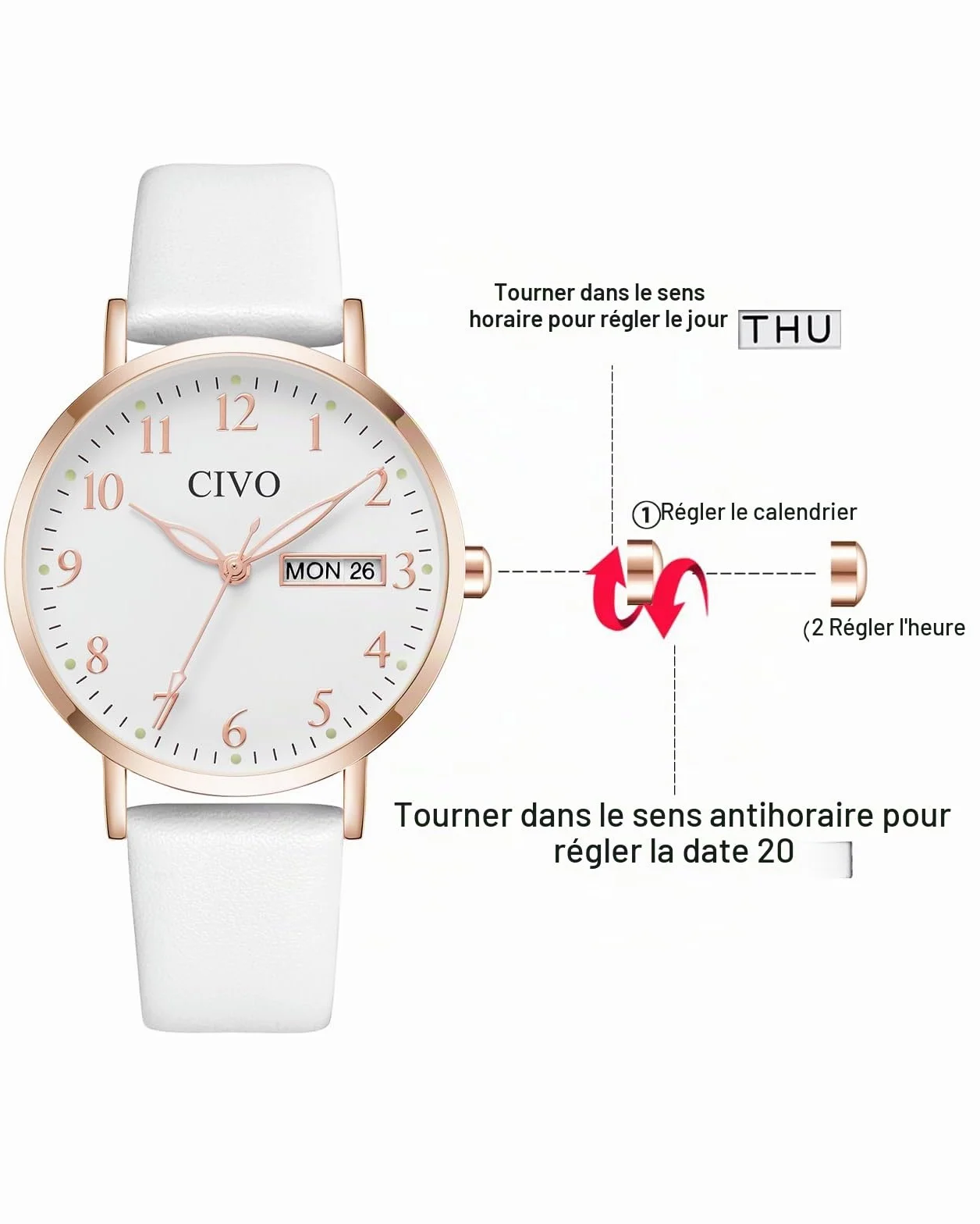 CIVO Montre Femme Analogique 35mm Cadran Clair Grands Chiffres Aiguilles Lumineuses Date Jour Bracelet Cuir