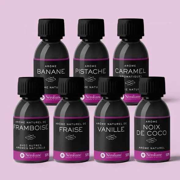 NEROLIANE – Lot 7 Arômes Naturels 50ml : Vanille, Noix de Coco, Fraise, Framboise, Banane, Caramel, Pistache – Pour Yaourts, Glaces, Pâtisseries – Vegan – Fabriqué en France – Sans Alcool