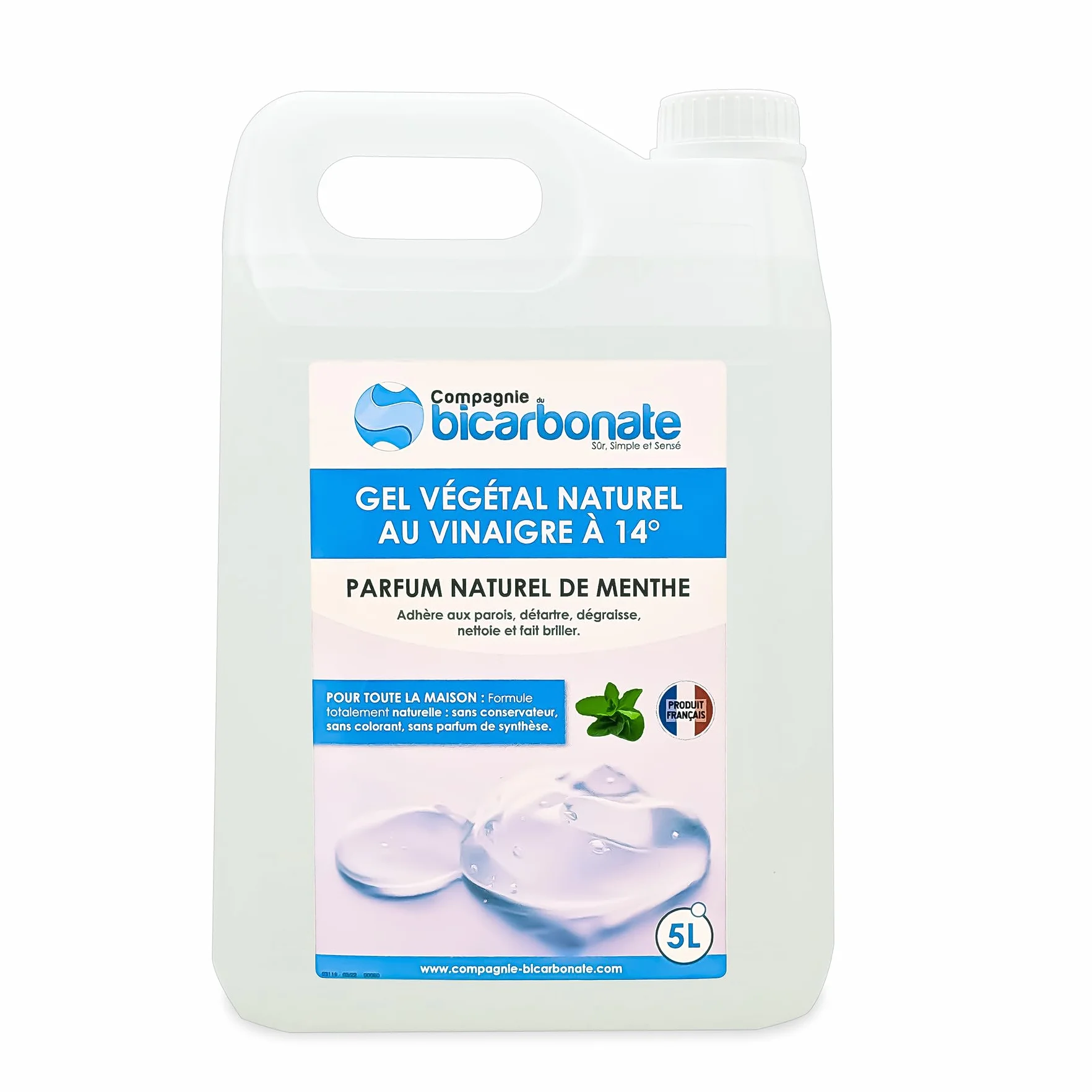 Gel Vinaigre Végétal à 14° - 5 L Parfum Naturel de Menthe - Nettoyant Pour Maison, Cuisine, Plan de Travail, Jardin - Compatible Fosses Septiques- La Compagnie du bicarbonate.