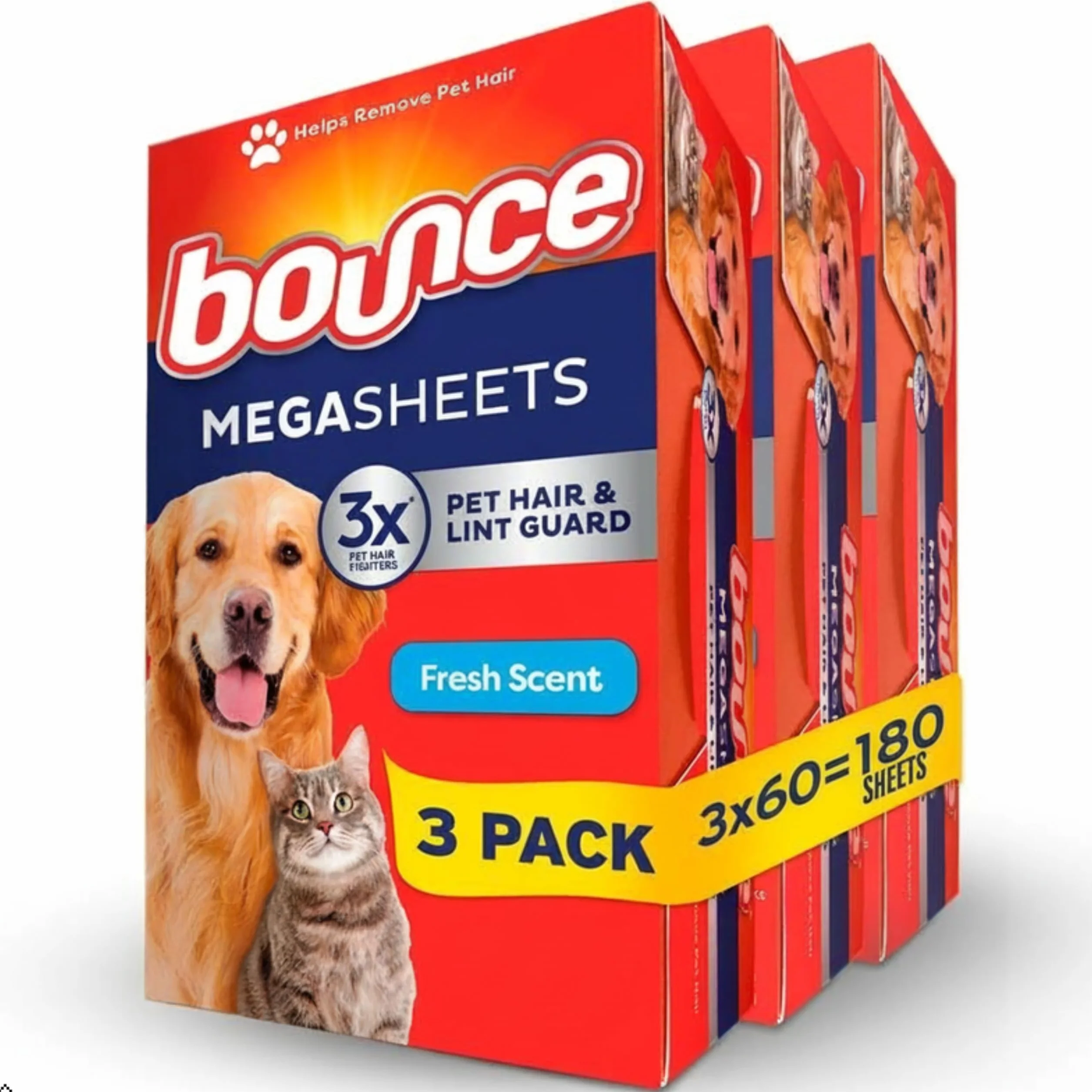 Bounce Lot de 180 feuilles de séchage pour poils d'animaux et peluches avec 3 filtres anti-poils d'animaux, parfum frais
