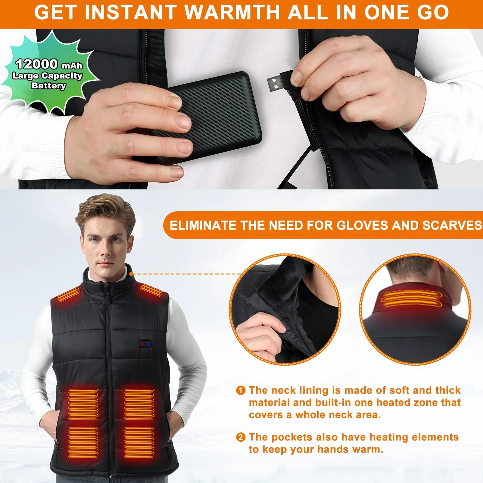 BIAL Gilet Chauffant Homme 12000 mAh Batterie 8 Zones Chauffage Contrôle Température NTC