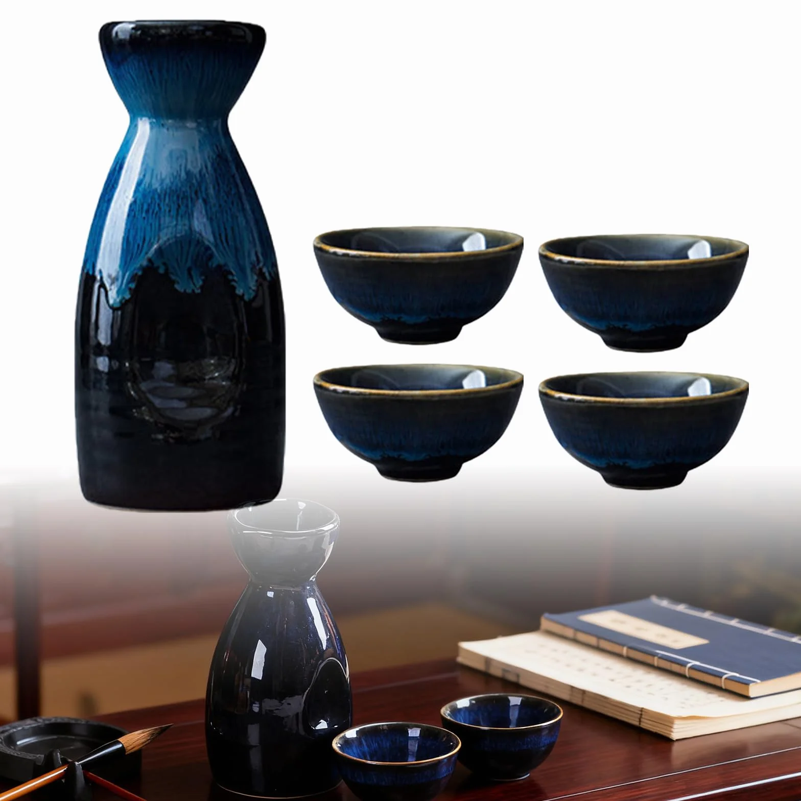 GOEDCH Ensemble de saké japonais traditionnel : ensemble de vin de riz bleu pour le style japonais Contient 4 gobelets à saké et 1 pot à saké, ensemble de saké artisanal pour la maison et les