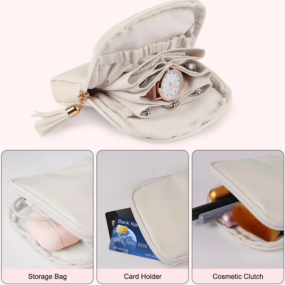 Pochette Bijoux Portable Multifonction Beige, Boîte à Bijoux de Voyage avec Franges