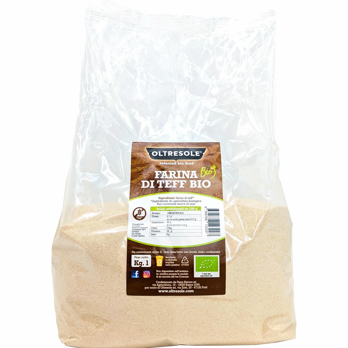 Oltresole, Farine de Teff biologique 1 kg, Farine riche en fibres, protéines et minéraux, polyvalente en cuisine, excellente pour les pâtes sucrées et salées, végétalienne, sans OGM, sans gluten