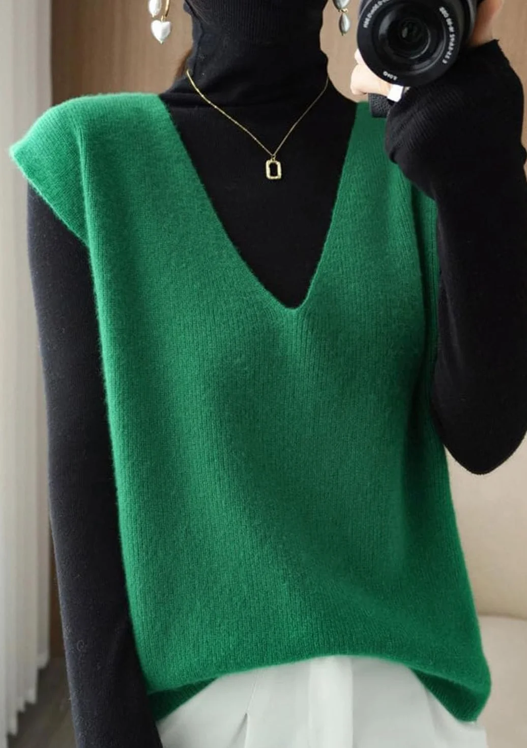 Pull sans Manches à col en V pour Femme en Cachemire tricoté Style coréen Beige L