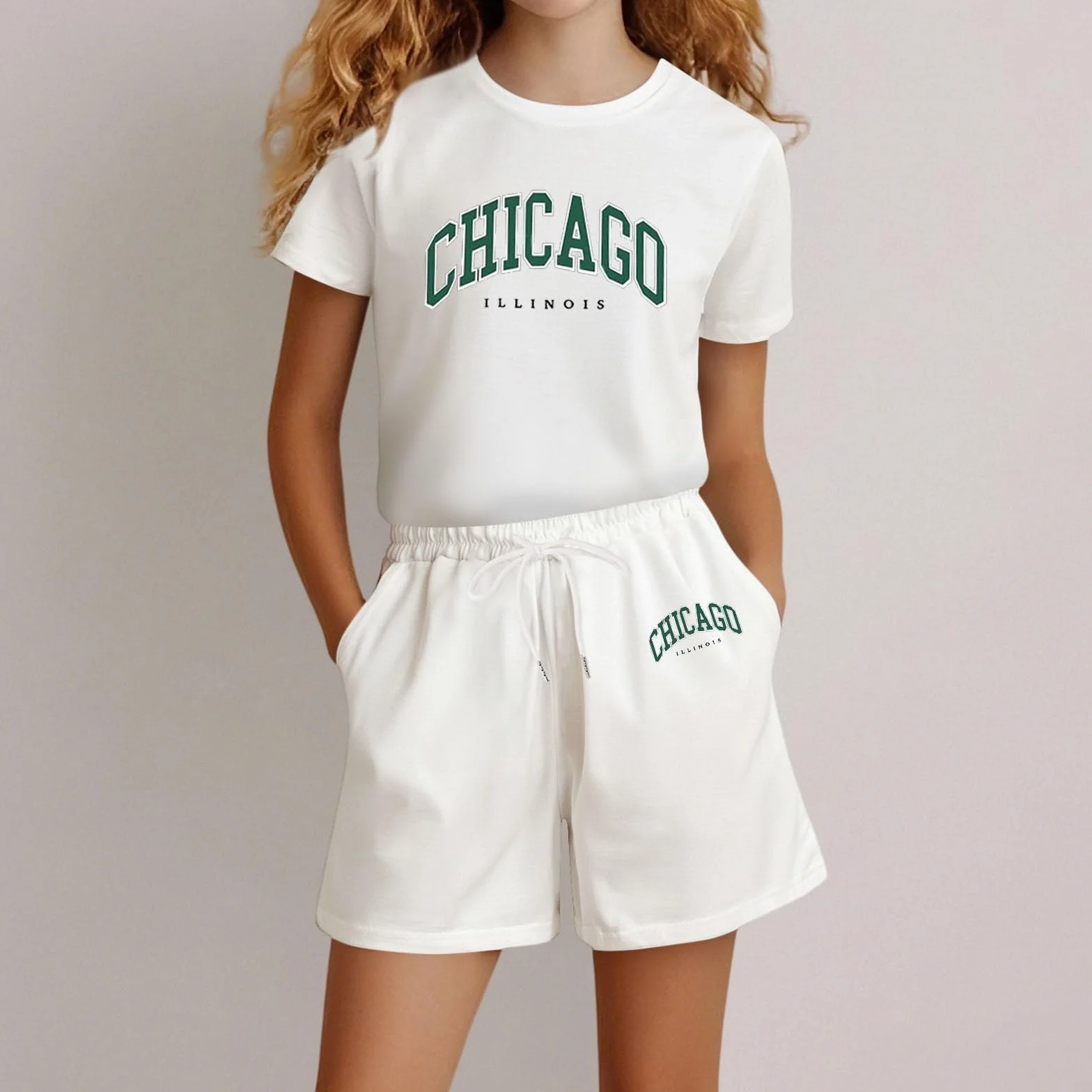 Ensemble été 2 pièces T-shirt Short fille Chicago Illinois imprimé cordon de serrage Jogging léger confortable