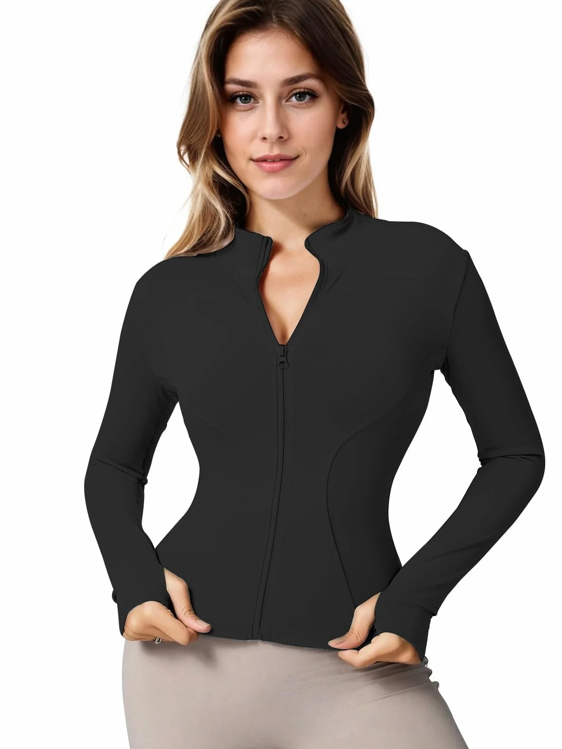 Pull à Manches Longues pour Femme Demi-Fermeture éclair Trou Pouce Yoga