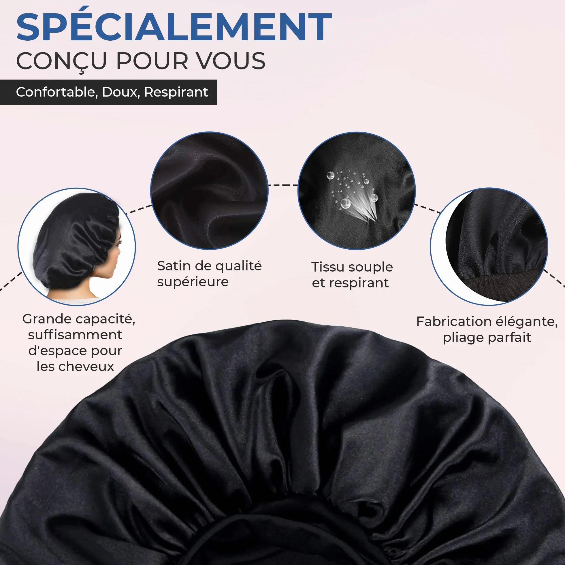 Bonnet en Satin pour Cheveux Afro - Protection de Nuit pour Femme - Noir