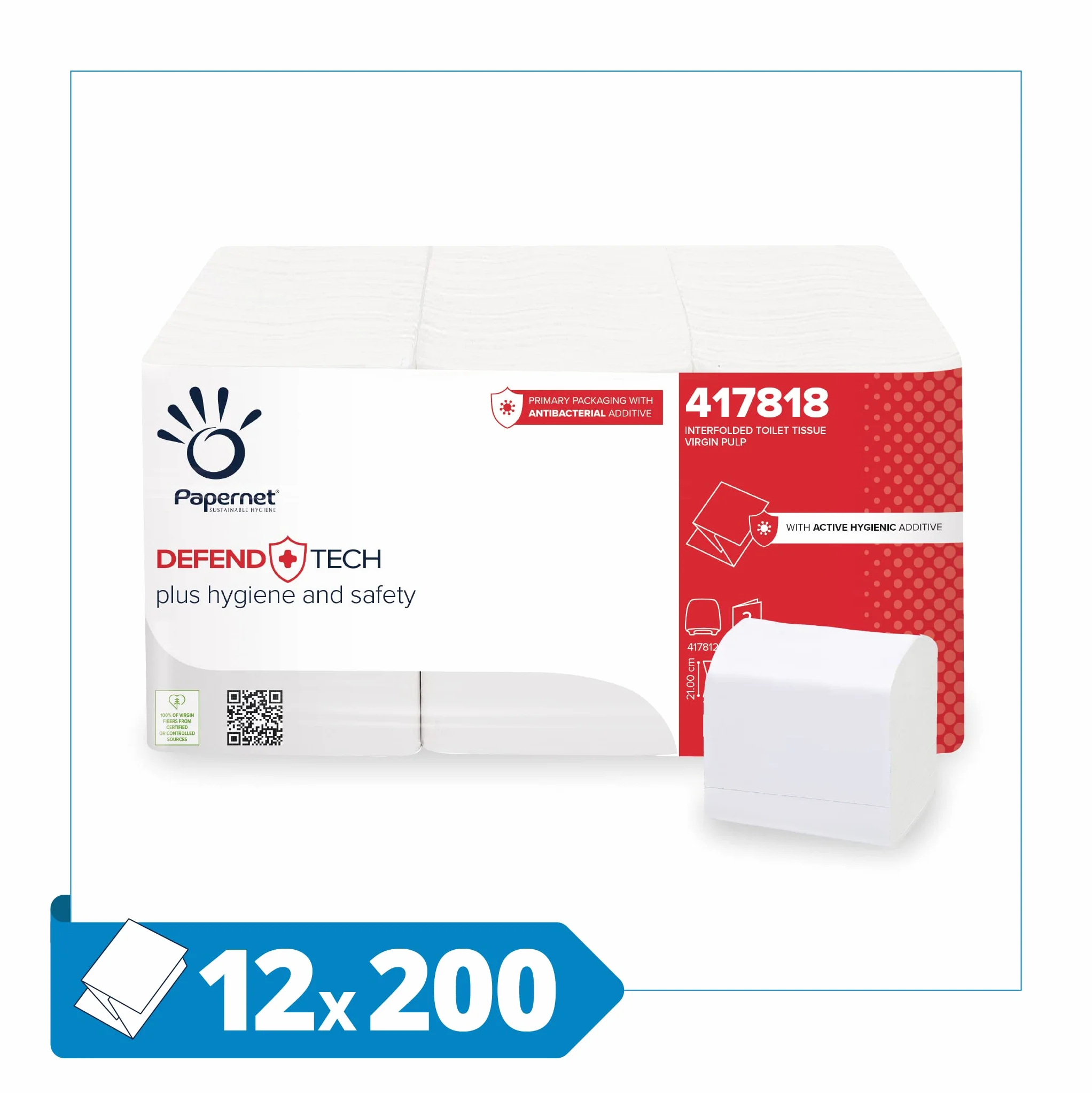 PAPERNET Defend Tech Papier Hygiénique Enchevêtré 417818, Papier Hygiénique à Feuille Unique avec Formule Antibactérienne, 12 Paquets de 6 Unités avec 200 Feuilles 21 x 11 cm