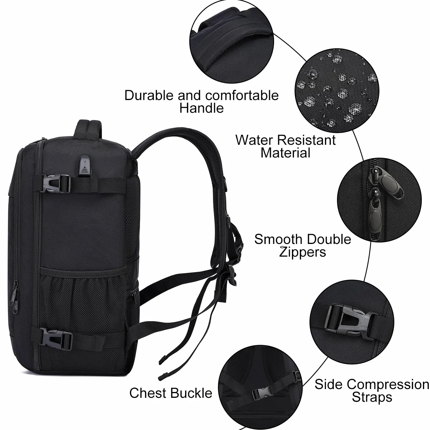 Sac à Dos 40x30x20 Cabine Avion 24L Pour Ryanair Wizzair Eurowings avec Port USB Ordinateur Portable 14 Pouces Noir