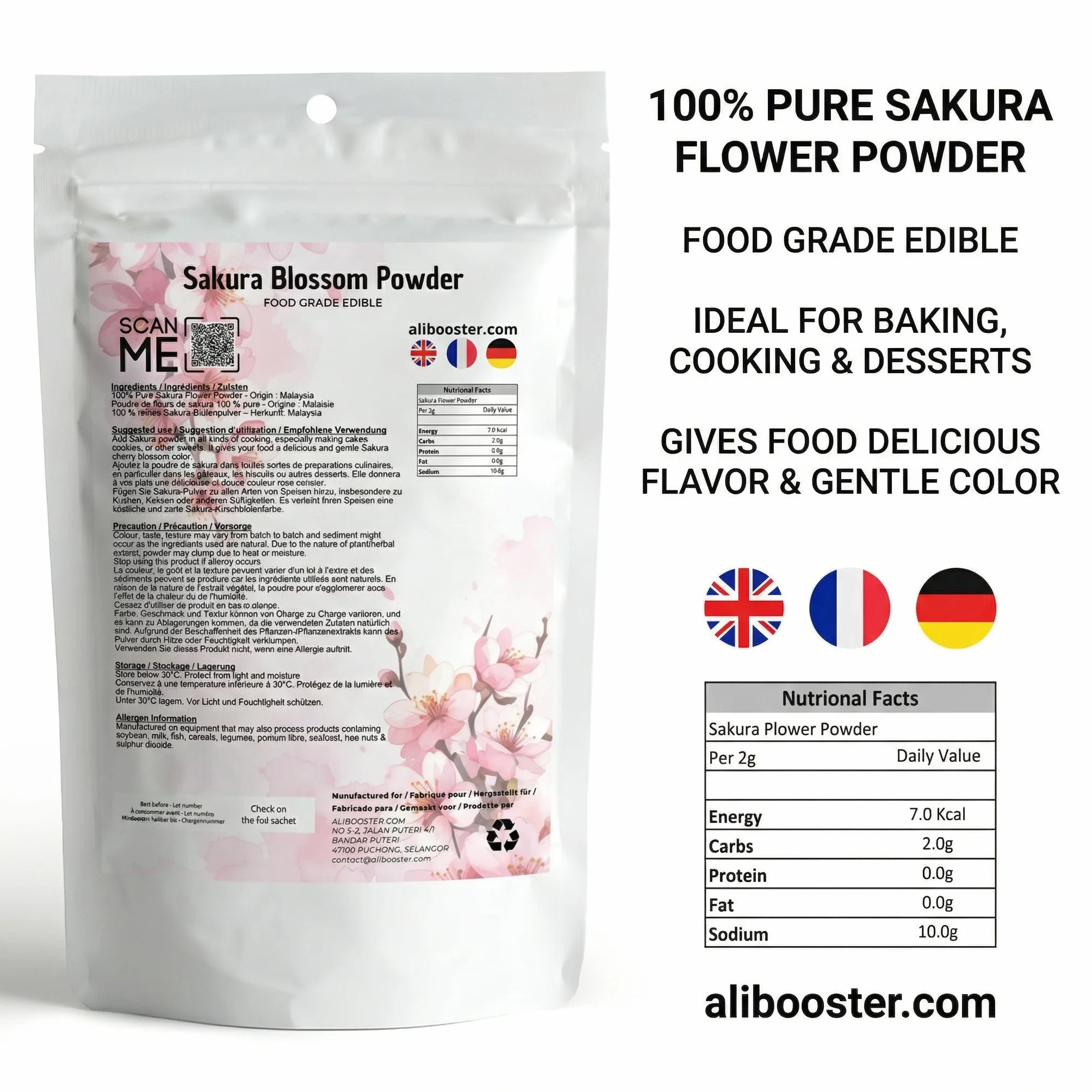 Poudre de Sakura Blossom 250 g - Fleur de Cerisier en Poudre - Qualité Alimentaire - Ingrédient Naturel pour Pâtisserie, Boissons et Desserts Japonais