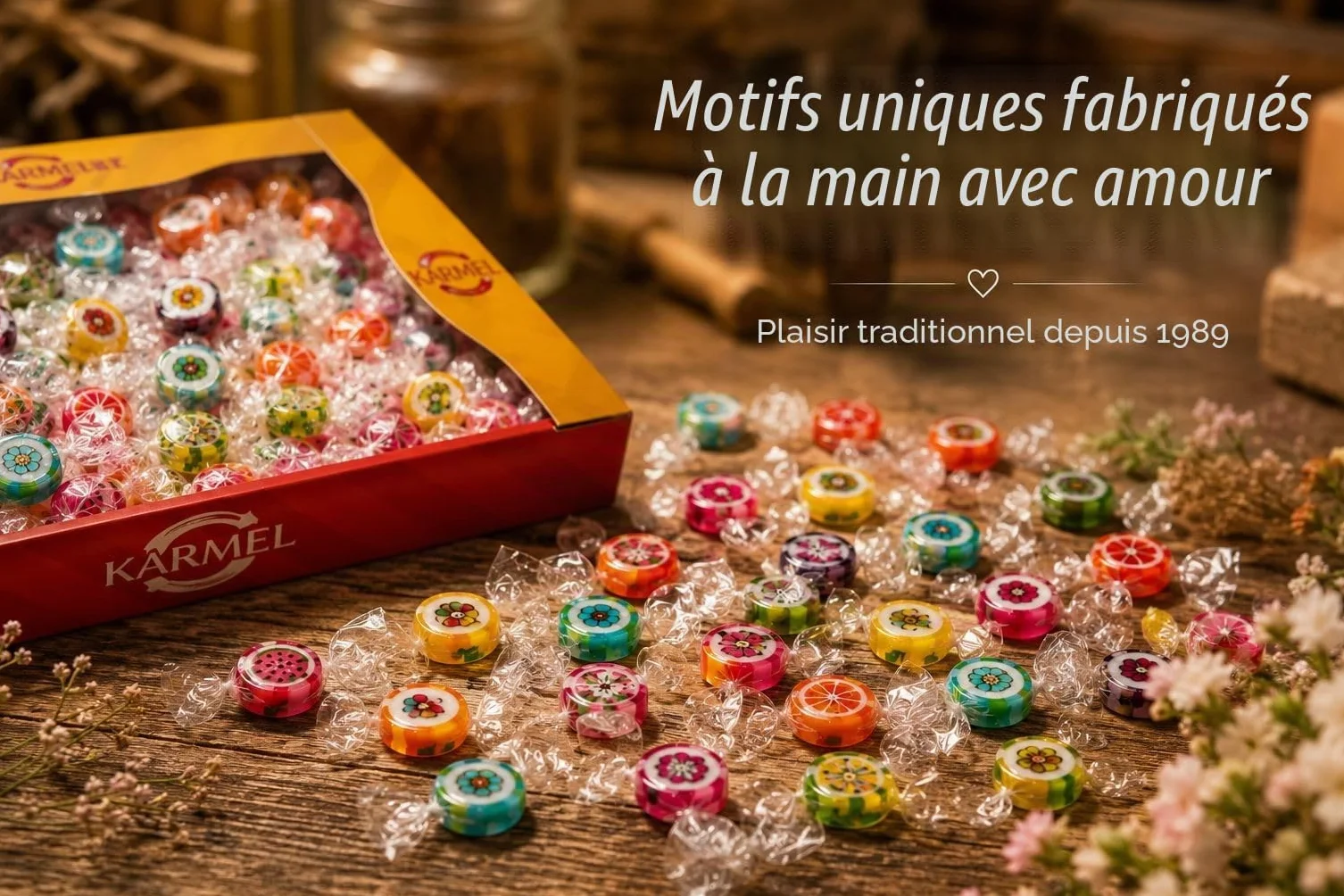 Bonbons fruités 1kg, bonbons durs aromatisés, fabriqués à la main dans des designs uniques, grande boîte de bonbons d'un petit producteur familial