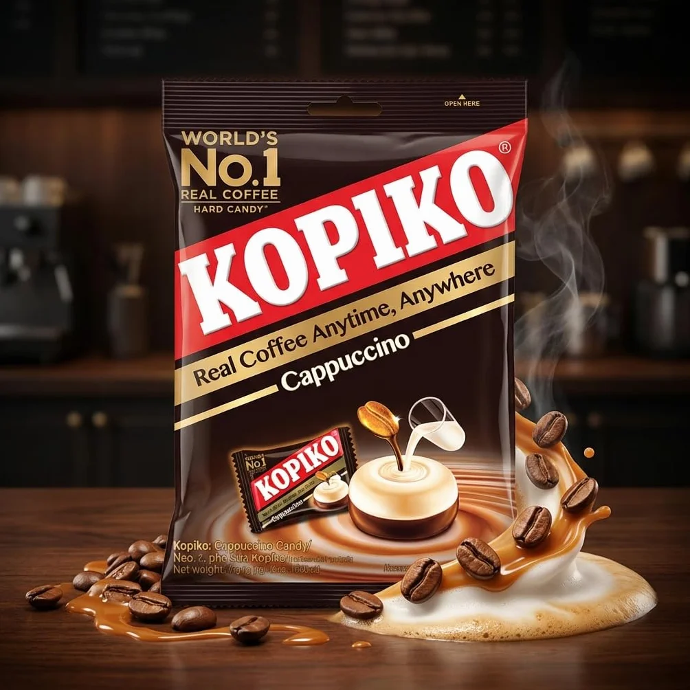 Kopiko Cappuccino Coffee Candy 1050 g (300 bonbons) - Bonbons halal au café façon cappuccino - Grand format - Goût café crémeux - Sachets individuels