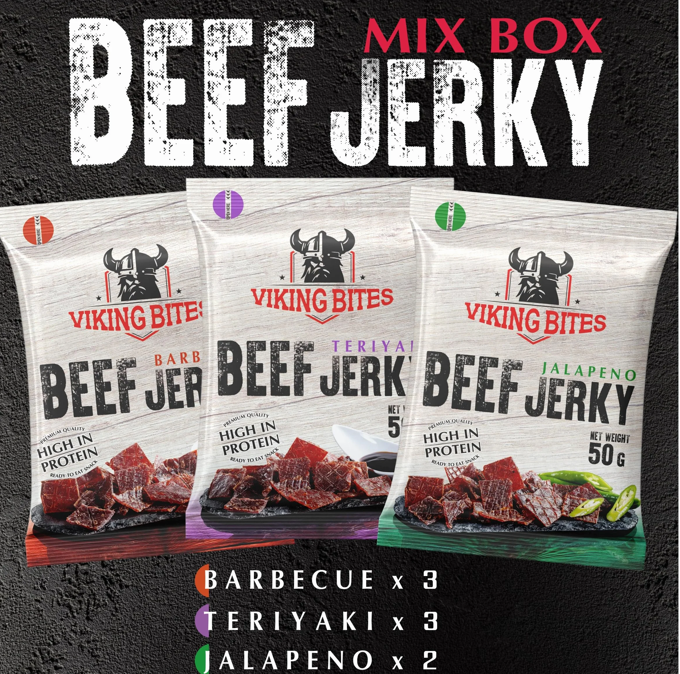Viking Bites Beef Jerky Mixed box 400 g (8 x 50g) – 3x Barbecue, 3x Teriyaki, 2x Jalapeno - Bœuf séché - En-cas à base de viande riche en protéines