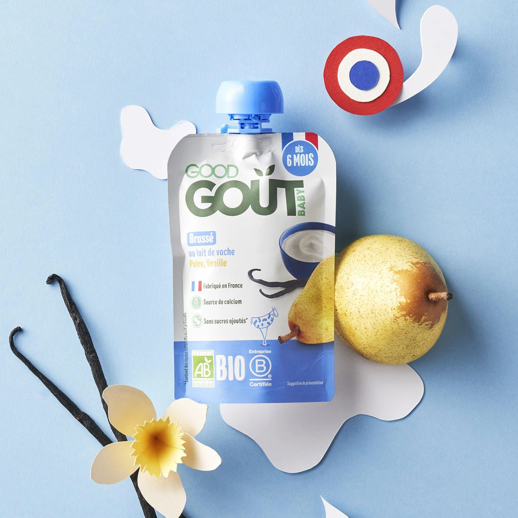 GOOD GOÛT Brassé Au Lait De Vache Dessert Bébé Dès 6 Mois Poire Vanille Sans Sucres Ajoutés Format Nomade 10x90g