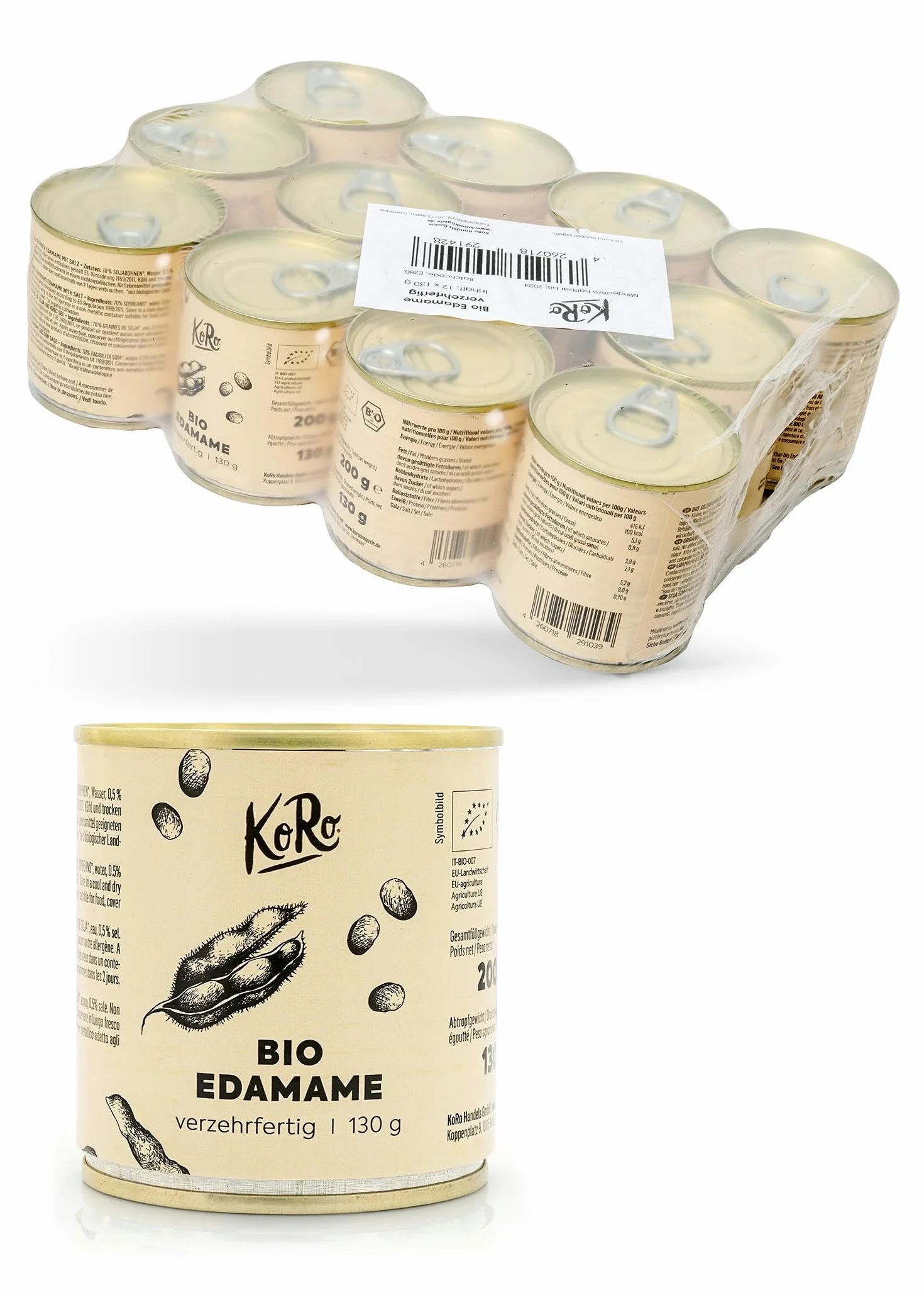 KoRo - Fèves de soja vertes Edamame bio en boîte 12 x 130 g - Précuit - Traitées à la récolte - Snack malin