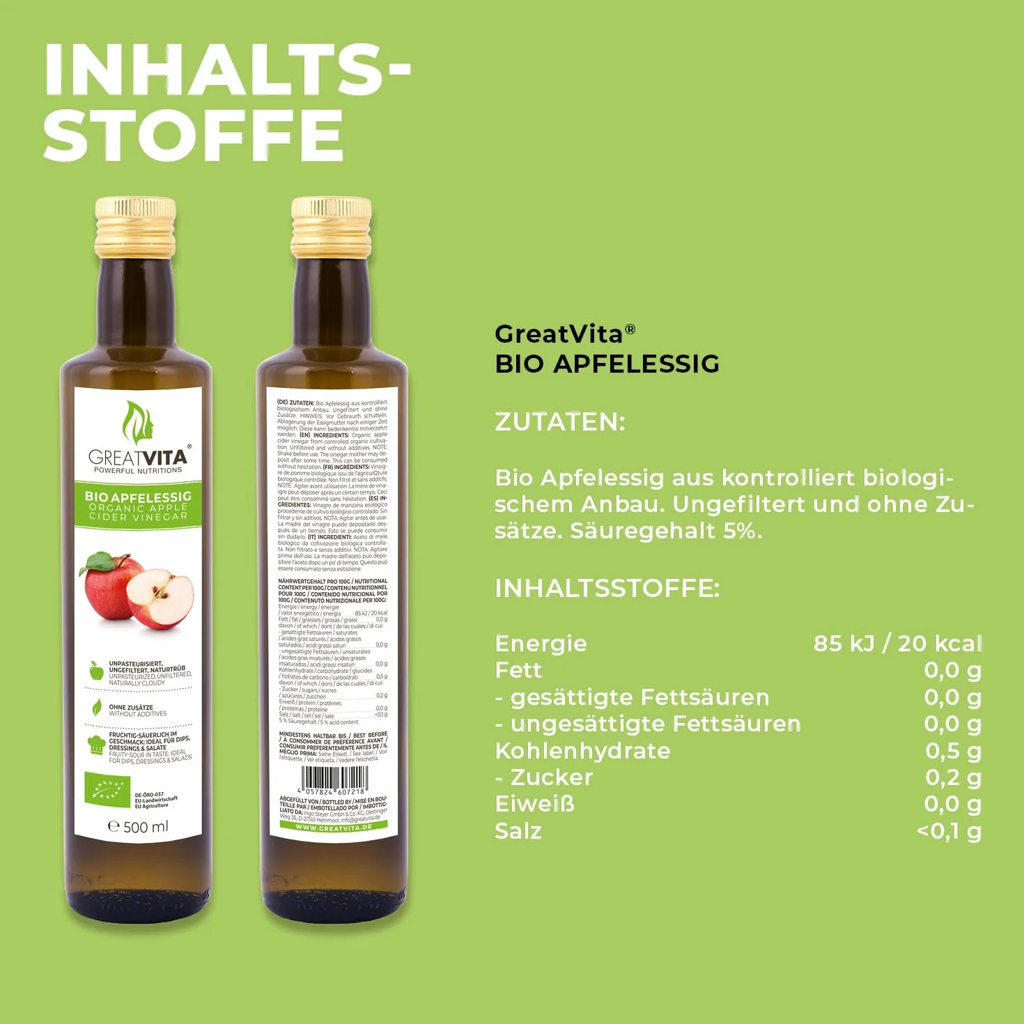 Vinaigre de cidre de pomme biologique MeaVita, naturellement trouble et non filtré avec des noix de vinaigre, paquet de 2 (2 x 500 ml)