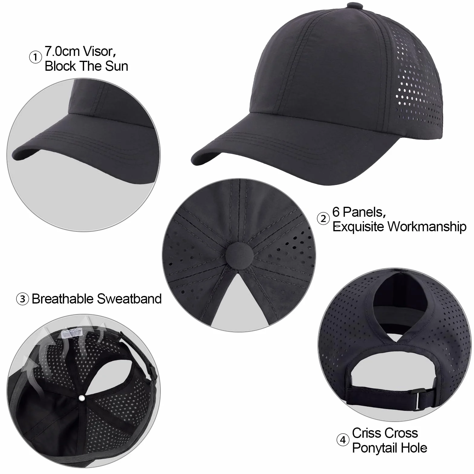 Casquette de Baseball Femme Queue de Cheval Réglable Séchage Rapide Anti-Soleil UV pour Running Golf Cyclisme