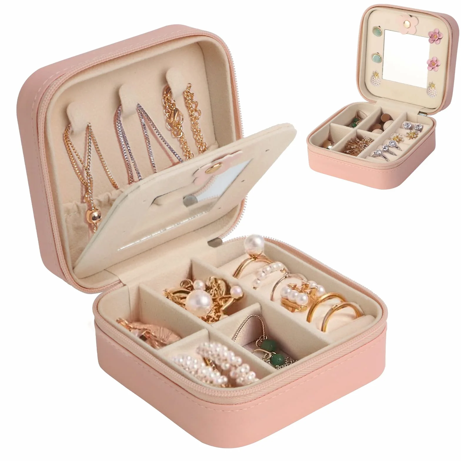 Boîte à Bijoux de Voyage avec Miroir en Cuir PU pour Femmes, Rangement pour Boucles d'Oreilles Bagues Chaînes