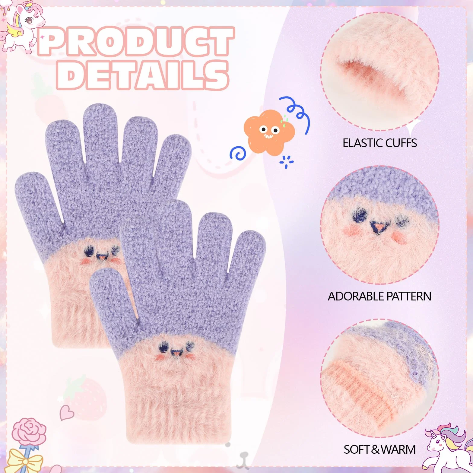 QKURT Lot de 3 paires gants magiques enfants tricotés chauds élastiques mitaines hiver 6-14 ans